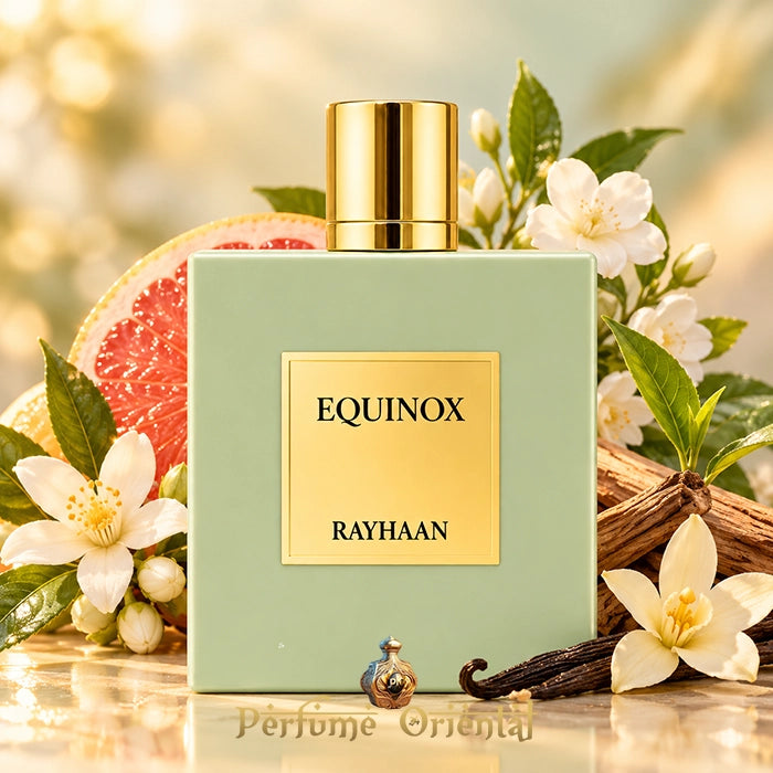 Rayhaan Equinox EDP 100 ml, perfume árabe para mujer con pomelo, flor de azahar, jazmín blanco, vainilla y sándalo.