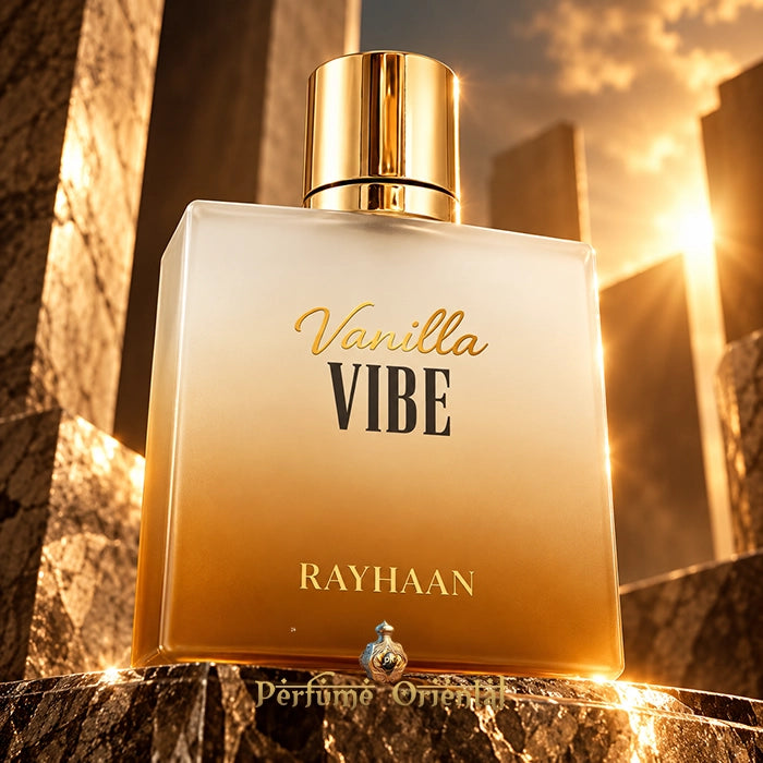 Rayhaan Vanilla Vibe Eau de Parfum 100 ml, frasco de perfume árabe en tonos crema y ámbar con tapón dorado.