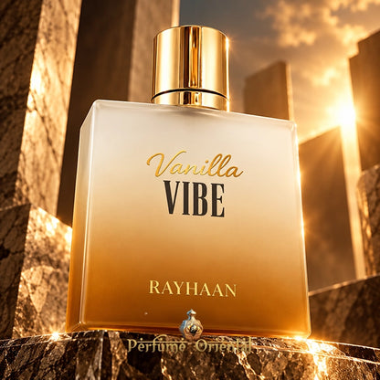 Rayhaan Vanilla Vibe Eau de Parfum 100 ml, frasco de perfume árabe en tonos crema y ámbar con tapón dorado.