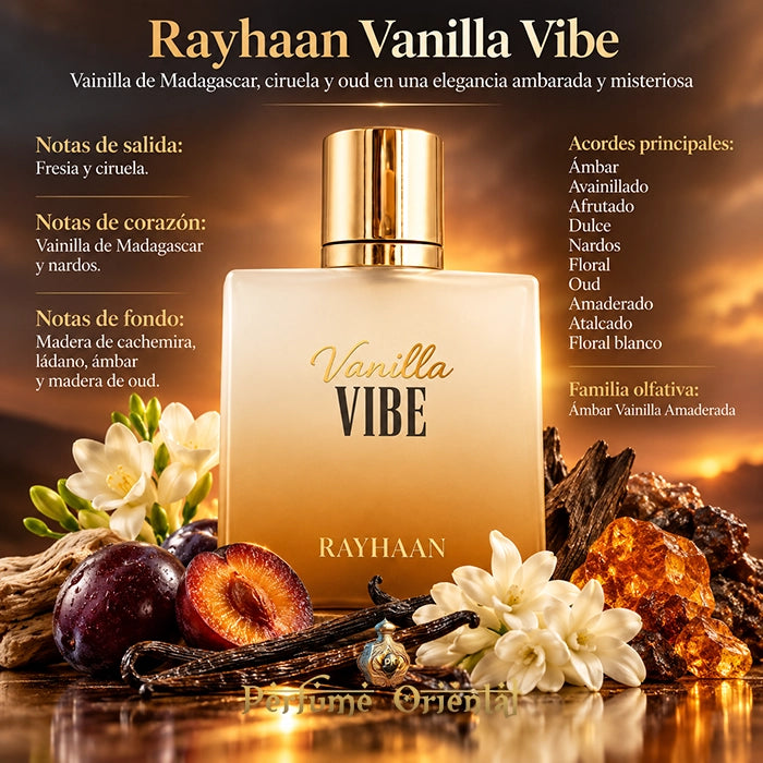 Rayhaan Vanilla Vibe 100 ml EDP, perfume árabe avainillado y ambarado con notas de ciruela, fresia, nardos y oud.