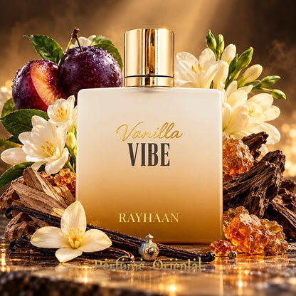 Rayhaan Vanilla Vibe EDP 100 ml, perfume oriental dulce con ciruela, flores blancas, vainilla de Madagascar, ámbar y madera de oud.