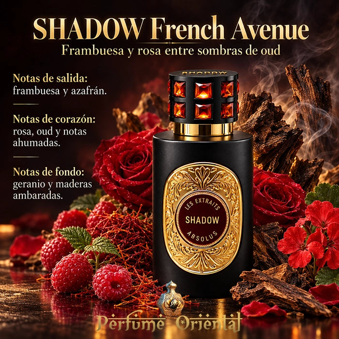 Shadow French Avenue 60 ml con notas de frambuesa, azafrán, rosa, oud, notas ahumadas, geranio y maderas ambaradas