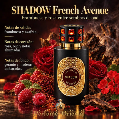 Shadow French Avenue 60 ml con notas de frambuesa, azafrán, rosa, oud, notas ahumadas, geranio y maderas ambaradas
