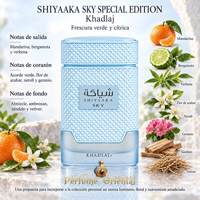 Shiyaaka Sky Special Edition de Khadlaj con sus notas de salida, corazón y fondo descritas en español e ilustraciones.