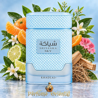 Frasco de Shiyaaka Sky Special Edition de Khadlaj rodeado de mandarina, bergamota, azahar, geranio, sándalo y vetiver.