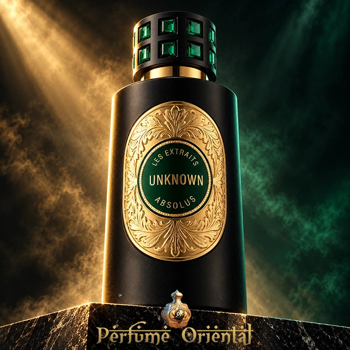 Frasco negro y dorado de Unknown French Avenue Les Extraits Absolus 60 ml con detalles verdes en el tapón