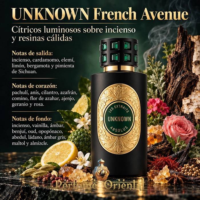 	Unknown French Avenue 60 ml con su pirámide olfativa de cítricos, incienso, especias, flores y resinas