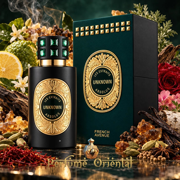 	Perfume Unknown French Avenue Les Extraits Absolus 60 ml con su caja verde y dorada