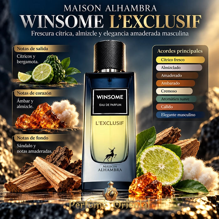 Maison Alhambra Winsome L'Exclusif 90 ml EDP, perfume árabe masculino con notas de bergamota, almizcle, ámbar y sándalo.