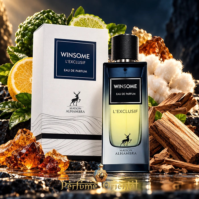 Maison Alhambra Winsome L'Exclusif 90 ml, perfume oriental masculino Eau de Parfum con frasco azul y caja blanca original.