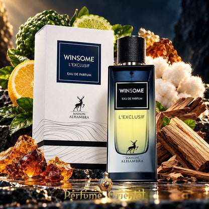 Maison Alhambra Winsome L'Exclusif 90 ml, perfume oriental masculino Eau de Parfum con frasco azul y caja blanca original.