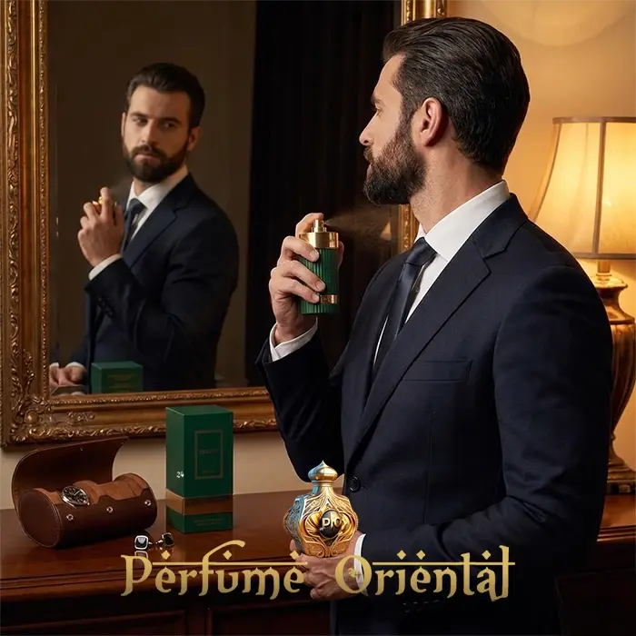 Hombre aplicando Zenith Santal French Avenue Eau de Parfum perfume oriental masculino con sándalo, azafrán, castaña, lavanda y vainilla