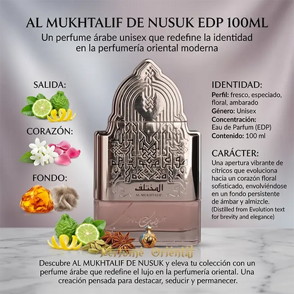 Al Mukhtalif Nusuk Notas Citricas Florales Especiadas Con Ambar Y Almizcle Perfume Arabe Unisex Moderno Sofisticado
