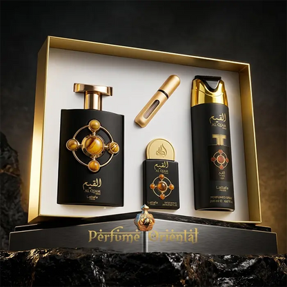 Al Qiam Gold Lattafa Perfume Arabe Unisex Gift Set 3 Piezas Extrait De Parfum 100ml Fragancia Cuero Oud Intensa Y Lujosa