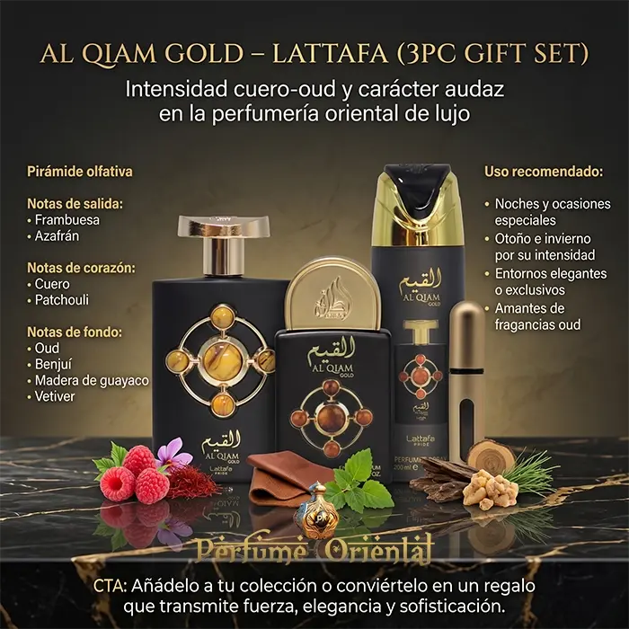 Al Qiam Gold Lattafa Notas Frambuesa Azafran Cuero Patchouli Oud Benjui Vetiver Perfume Oriental Oscuro Y Sofisticado