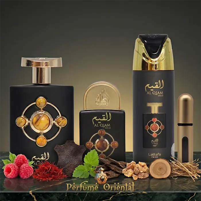 Al Qiam Gold Lattafa Set Perfume Arabe Unisex Cuero Oud Ambarado Intenso Fragancia Oriental Elegante Y Duradera