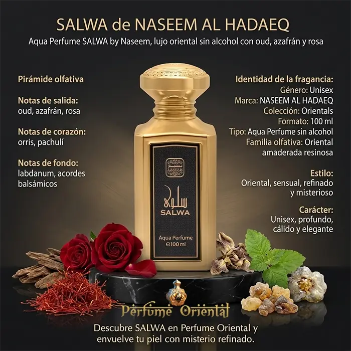 Salwa Notas Oud Azafran Rosa Orris Pachuli Labdanum Perfume Oriental Resinoso Sin Alcohol Elegante