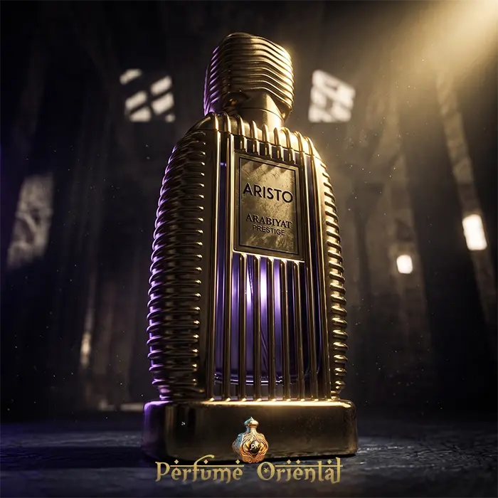 Aristo Arabiyat Prestige Perfume Botella Dorada Hero Shot Diseño De Lujo Aroma Masculino Elegante Oriental