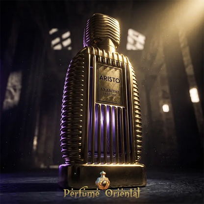 Aristo Arabiyat Prestige Perfume Botella Dorada Hero Shot Diseño De Lujo Aroma Masculino Elegante Oriental
