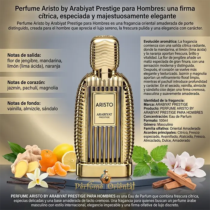 Aristo Arabiyat Prestige Perfume Hombre Eau De Parfum 100ml Fragancia Cítrica Especiada Con Jengibre Y Vainilla