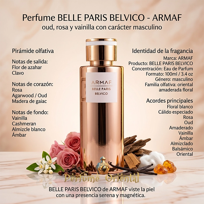 Belle Paris Belvico Armaf Perfume Árabe Hombre Aroma Con Oud Rosa Vainilla Y Maderas Cálidas