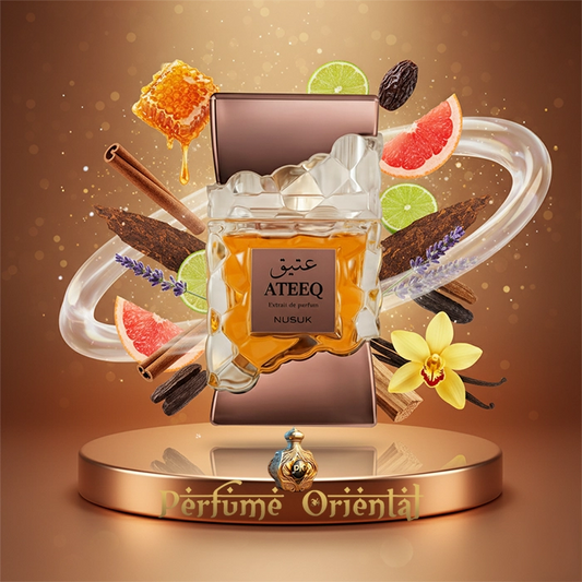 Botella de perfume ATEEQ NUSUK masculino, fragancia oriental aromática dulce y especiada con miel, tabaco y orquídea de vainilla