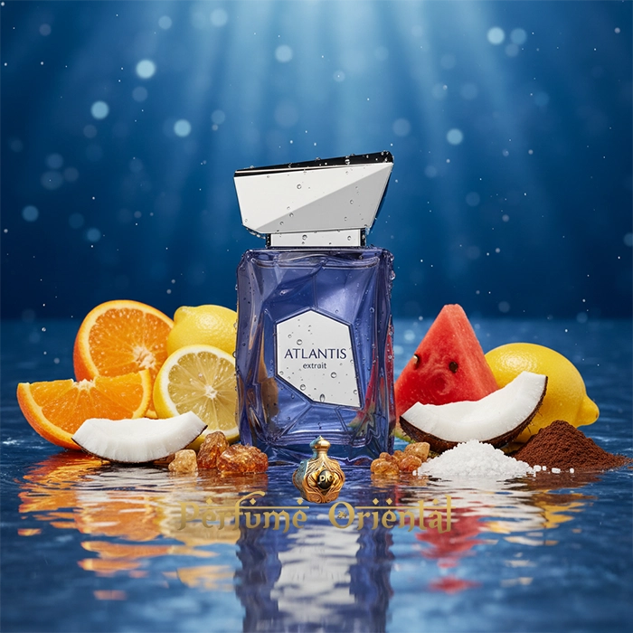 Botella Atlantis Extrait French Avenue con ingredientes cítricos y acuáticos en fondo marino