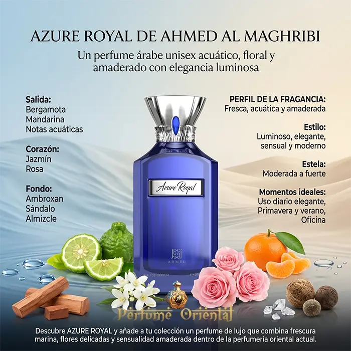 Azure Royal Notas Bergamota Mandarina Acuaticas Jazmin Rosa Ambroxan Sandalo Almizcle Perfume Fresco Elegante