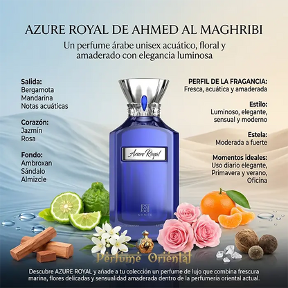 Azure Royal Notas Bergamota Mandarina Acuaticas Jazmin Rosa Ambroxan Sandalo Almizcle Perfume Fresco Elegante