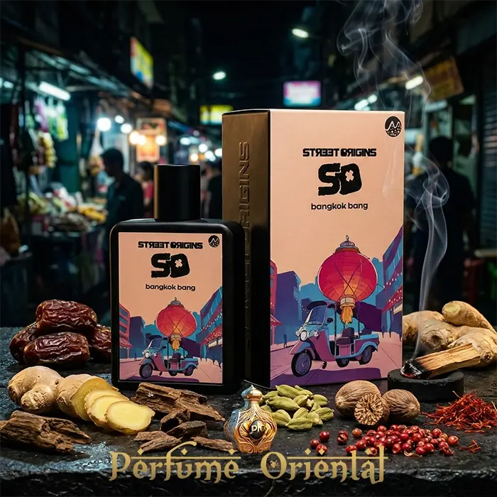 Perfume Bangkok Bang Street Origins 75ml Fragrance World con caja en mercado nocturno asiático, fragancia oriental especiada con jengibre y canela