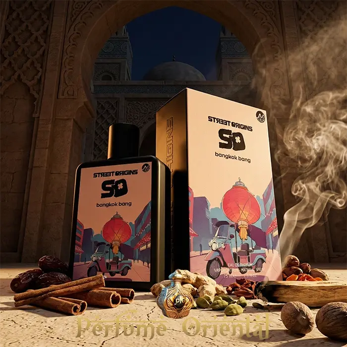 Perfume Bangkok Bang Street Origins 75ml Fragrance World hero shot con caja, fragancia oriental amaderada especiada