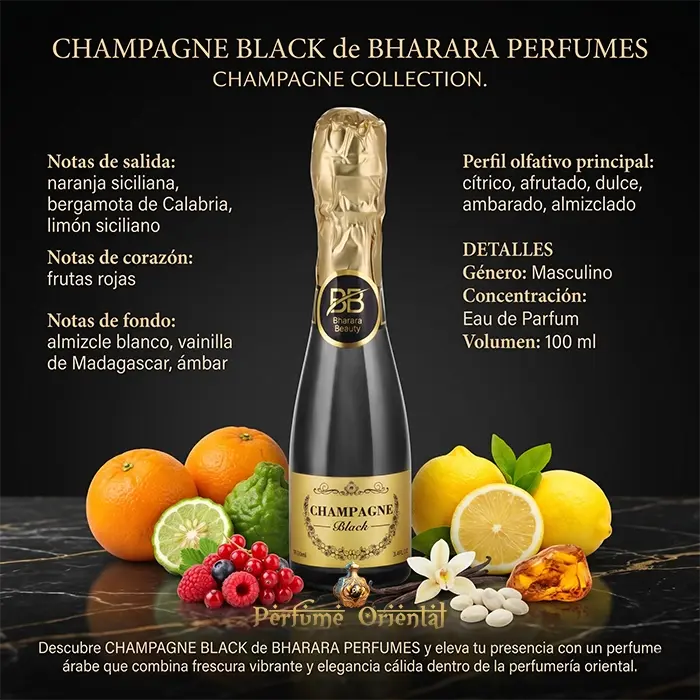 bharara champagne black perfume arabe hombre 100ml notas citricas naranja bergamota limon frutas rojas vainilla ambar fragancia elegante