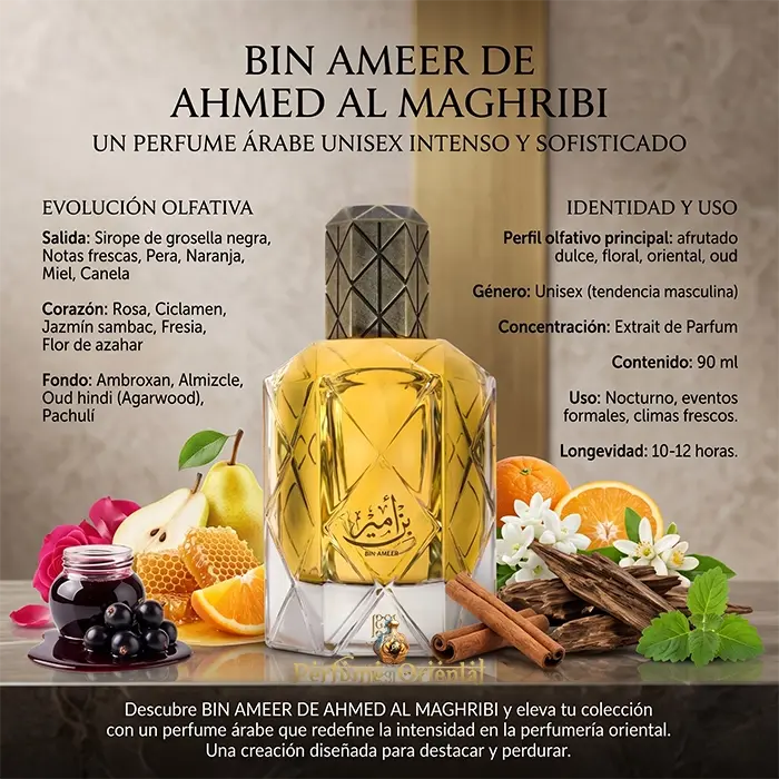 bin ameer ahmed al maghribi perfume arabe notas grosella pera naranja miel canela rosa jazmin oud pachuli ambar