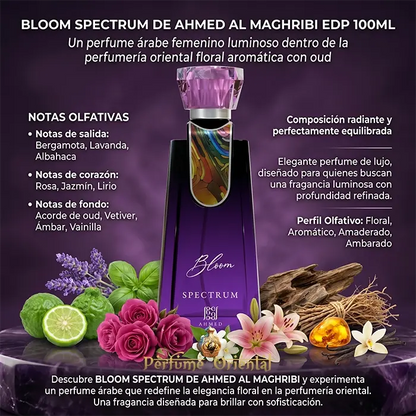 bloom spectrum ahmed al maghribi perfume arabe notas bergamota lavanda albahaca rosa jazmin lirio oud vetiver ambar vainilla