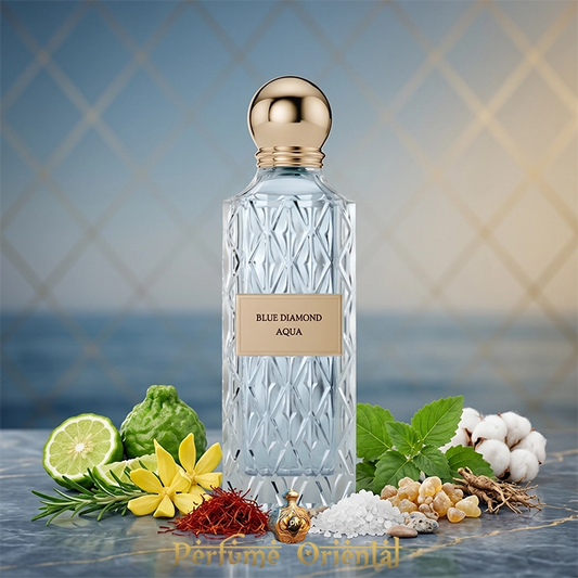 blue diamond aqua ibrahim al qurashi perfume arabe unisex 150ml fragancia fresca marina citrica con almizcle y pachuli lujo