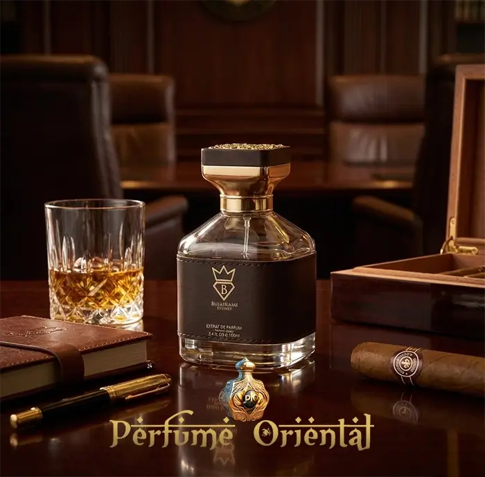 Perfume árabe Boss Life Extrait de Parfum 100ml Bujairami en escritorio elegante con whisky y puro