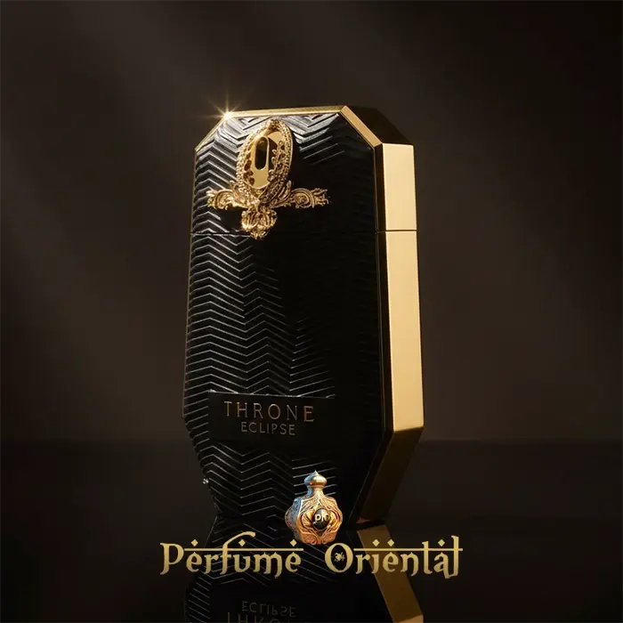 Frasco de Throne Eclipse Maison Asrar Eau de Parfum, perfume oriental niche con acordes ambarados, vainilla, cedro y especias cálidas