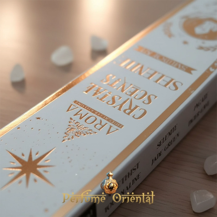 Caja de incienso AROMA Crystal Selenita – Incluye piedra natural y varillas hechas a mano en India.