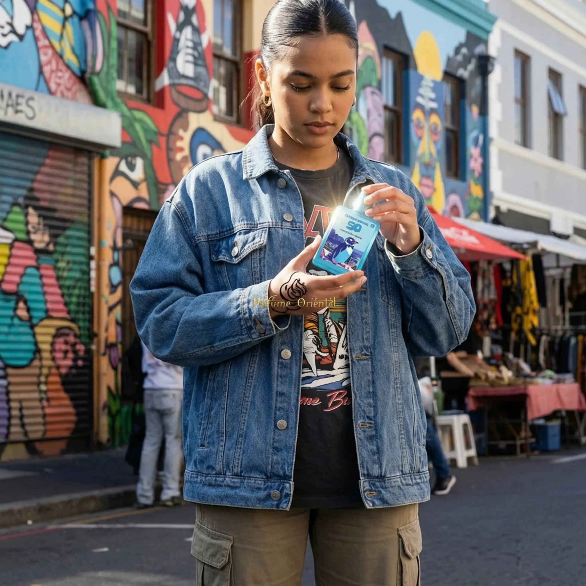 Street Origins Cape Town Grace EDP 75ml Fragrance World lifestyle model holding perfume urban street photo