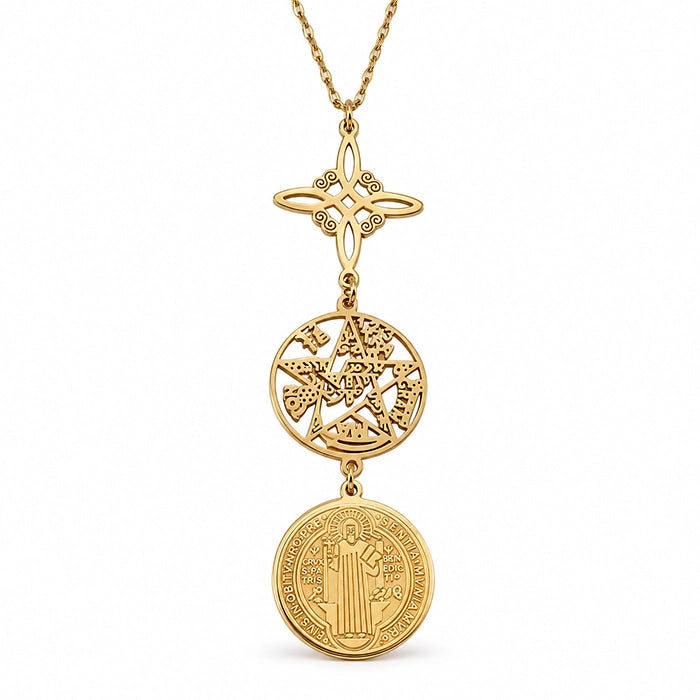 collar-triple-proteccion-nudo-bruja-san-benito-tetragramtron-acero-dorado-frontal