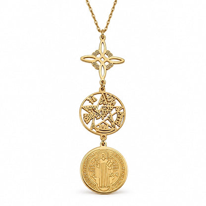 collar-triple-proteccion-nudo-bruja-san-benito-tetragramtron-acero-dorado-frontal