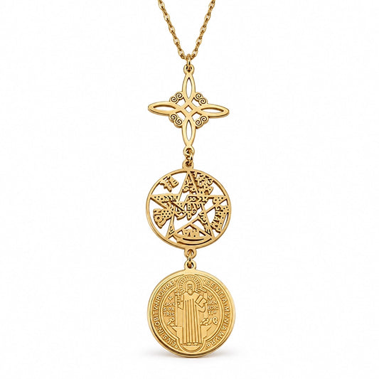collar-triple-proteccion-nudo-bruja-san-benito-tetragramtron-acero-dorado-frontal