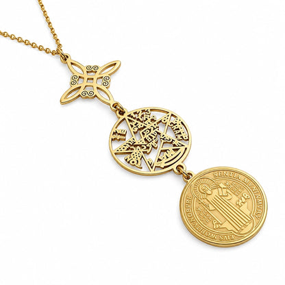 collar-triple-proteccion-nudo-bruja-san-benito-tetragramtron-acero-dorado