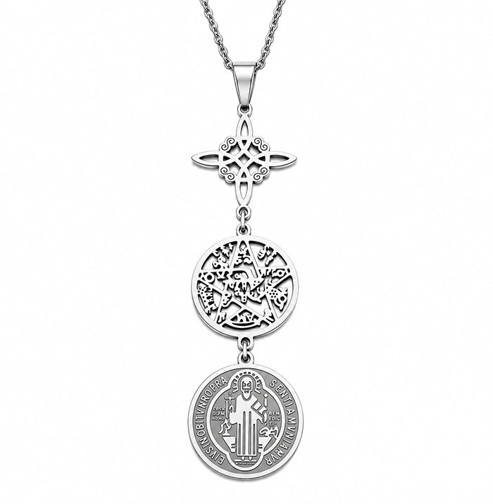 collar-triple-proteccion-nudo-bruja-san-benito-tetragramtron-acero-frontal