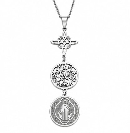 collar-triple-proteccion-nudo-bruja-san-benito-tetragramtron-acero-frontal