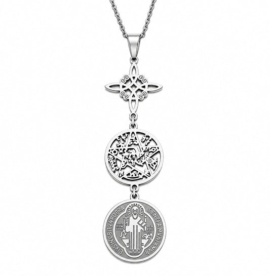 collar-triple-proteccion-nudo-bruja-san-benito-tetragramtron-acero-frontal