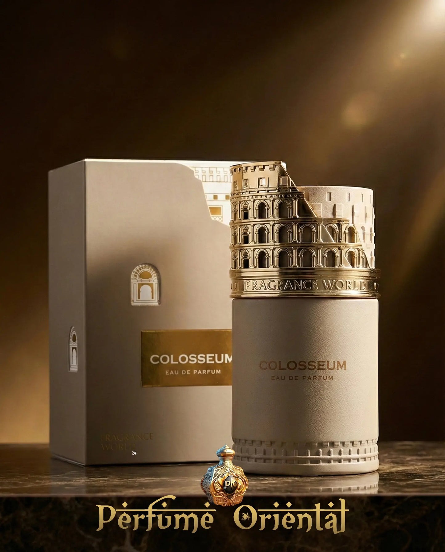 Colosseum Eau de Parfum Fragrance World con caja original, frasco inspirado en el Coliseo romano, perfume oriental masculino de lujo