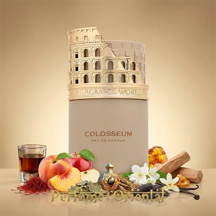 Colosseum EDP Fragrance World con notas de melocotón, azafrán, madera y ámbar, perfume oriental elegante y cálido