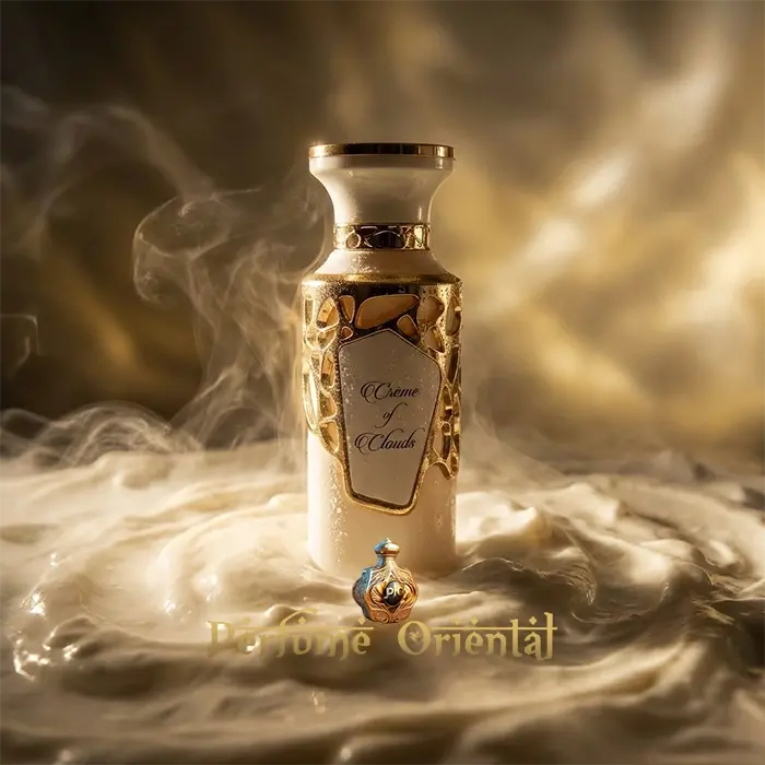 Crème of Clouds Fragrance World Eau de Parfum frasco blanco gourmand con efecto nube y vapor cremoso