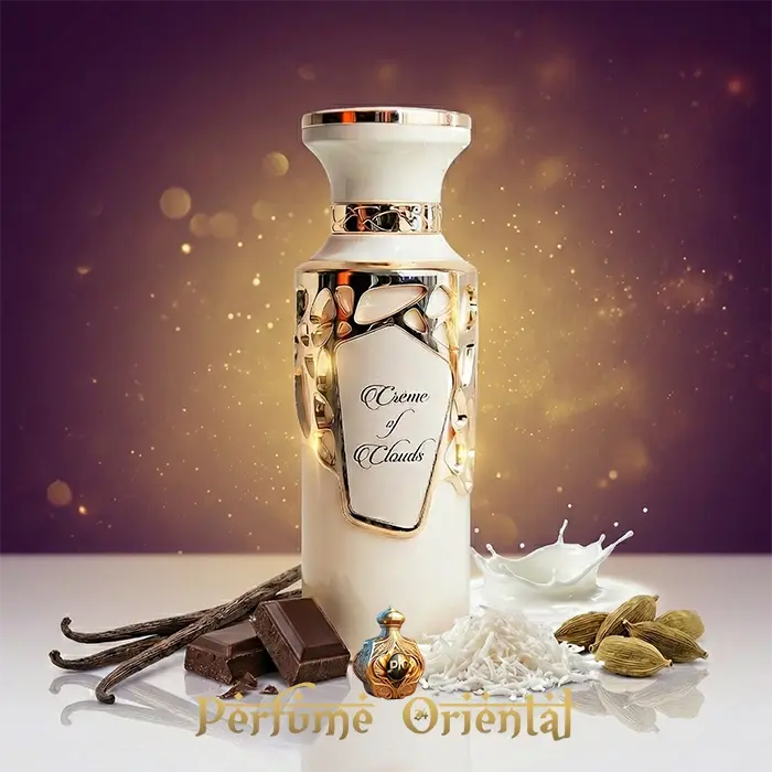 Crème of Clouds Fragrance World perfume gourmand frasco elegante con vainilla chocolate y coco